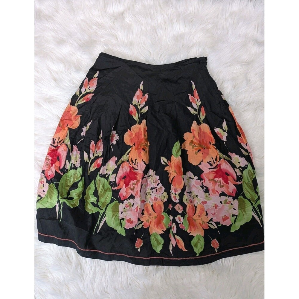 Trevan Black Floral A-Line Skirt Womens Size 8 Silk Cotton Blend Midi Skirt